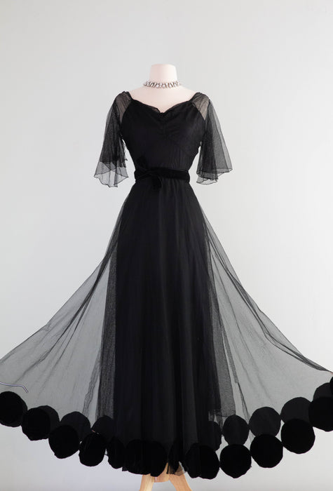 Stunning 1930's Vionnet Inspired Black Evening Gown With Velvet Dot Hem / SM