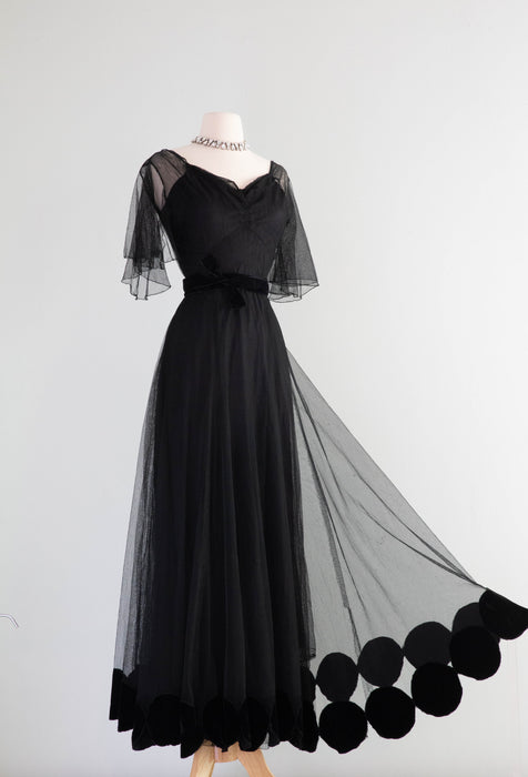 Stunning 1930's Vionnet Inspired Black Evening Gown With Velvet Dot Hem / SM