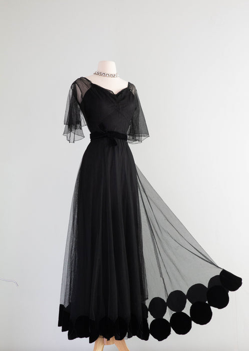 Stunning 1930's Vionnet Inspired Black Evening Gown With Velvet Dot Hem / SM