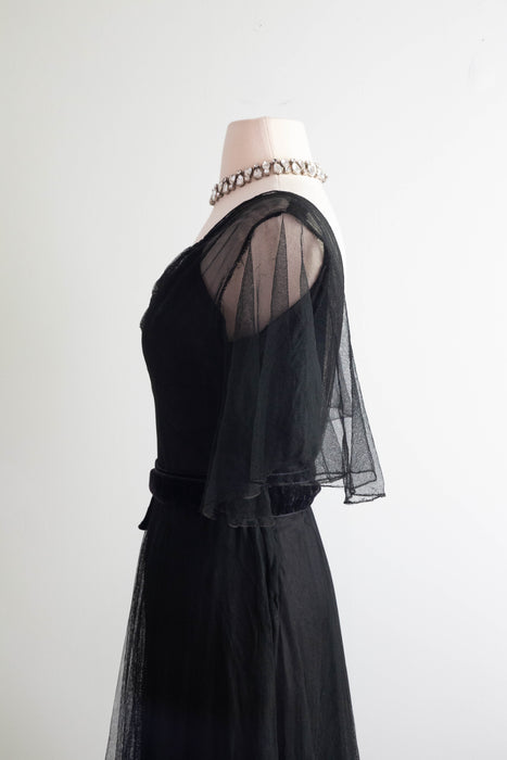 Stunning 1930's Vionnet Inspired Black Evening Gown With Velvet Dot Hem / SM