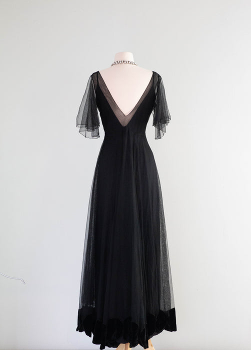 Stunning 1930's Vionnet Inspired Black Evening Gown With Velvet Dot Hem / SM