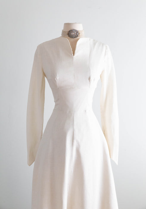 Elegant 1950's Structured & Sophisticated White Linen Wedding Gown / S Xtabay Vintage Elegant 1950's Structured & Sophisticated White Linen Wedding Gown / S Xtabay Vintage
