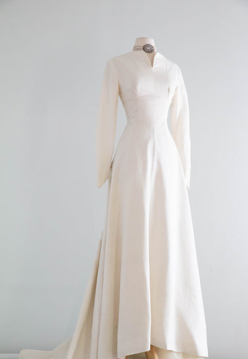 Elegant 1950's Structured & Sophisticated White Linen Wedding Gown / S Xtabay Vintage Elegant 1950's Structured & Sophisticated White Linen Wedding Gown / S Xtabay Vintage