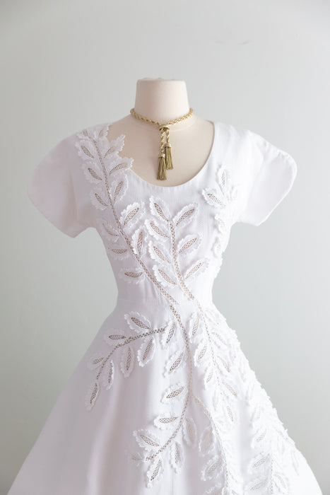 Exquisite 1950's Cotton Pique Cut Out Leaf Lace Dress by Herbert Sondheim / SM
