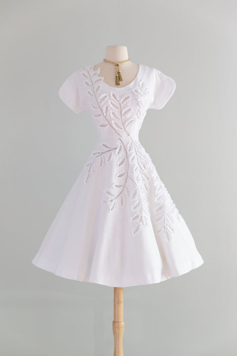 Exquisite 1950's Cotton Pique Cut Out Leaf Lace Dress by Herbert Sondheim / SM