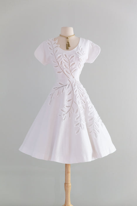 Exquisite 1950's Cotton Pique Cut Out Leaf Lace Dress by Herbert Sondheim / SM