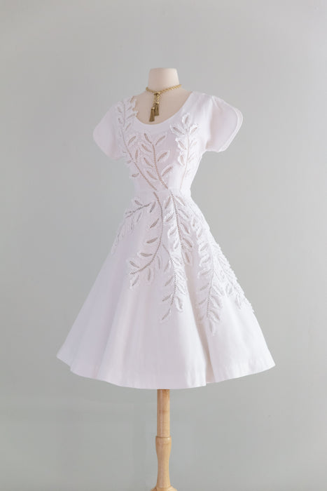 Exquisite 1950's Cotton Pique Cut Out Leaf Lace Dress by Herbert Sondheim / SM