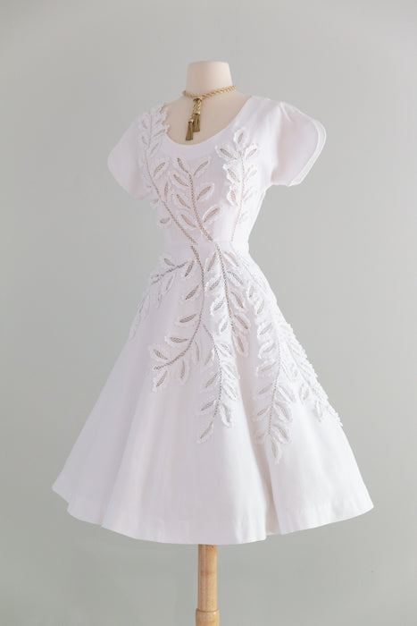 Exquisite 1950's Cotton Pique Cut Out Leaf Lace Dress by Herbert Sondheim / SM