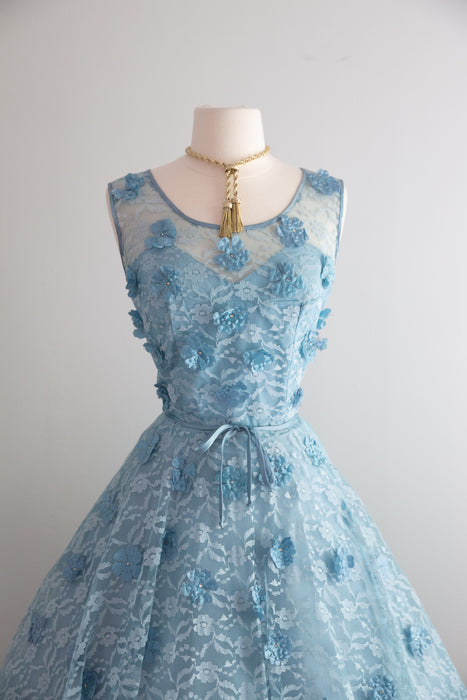 Beautiful 1950's Forget Me Not Blue Lace Floral Party Dress / M