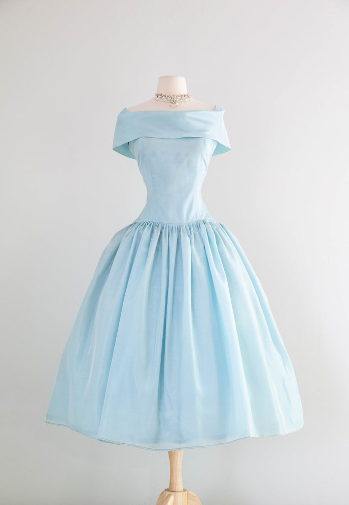 Iconic 1950's Tiffany Blue Organza Party Dress With Portrait Neckline –  Xtabay Vintage