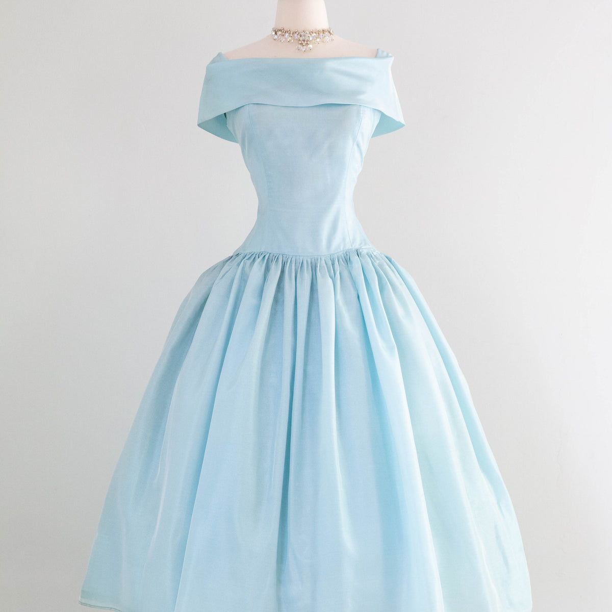 Iconic 1950's Tiffany Blue Organza Party Dress With Portrait Neckline Xtabay Vintage Iconic 1950's Tiffany Blue Organza Party Dress With Portrait Neckline Xtabay Vintage