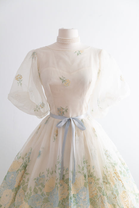 Beautiful 1950's Flocked Rose Print Party Dress / S