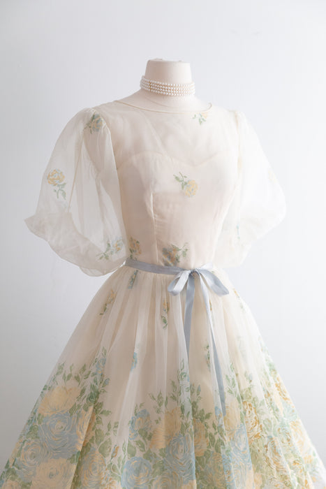 Beautiful 1950's Flocked Rose Print Party Dress / S