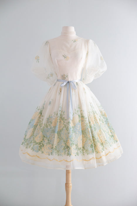 Beautiful 1950's Flocked Rose Print Party Dress / S