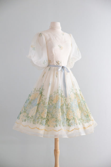 Beautiful 1950's Flocked Rose Print Party Dress / S