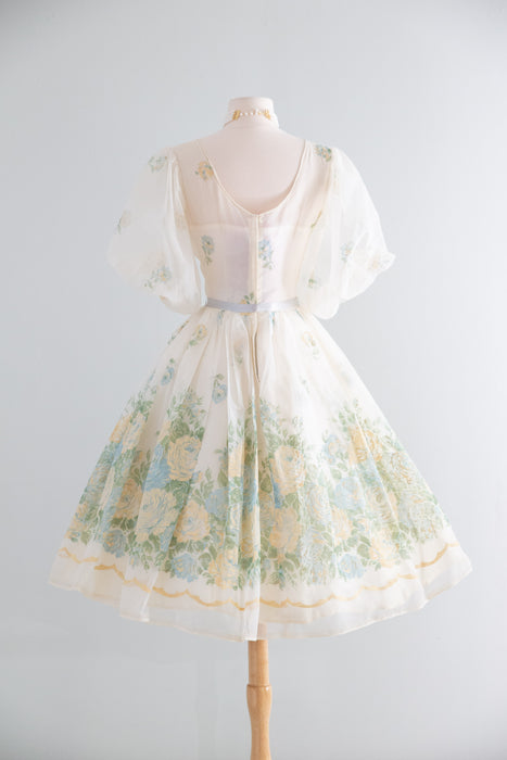 Beautiful 1950's Flocked Rose Print Party Dress / S