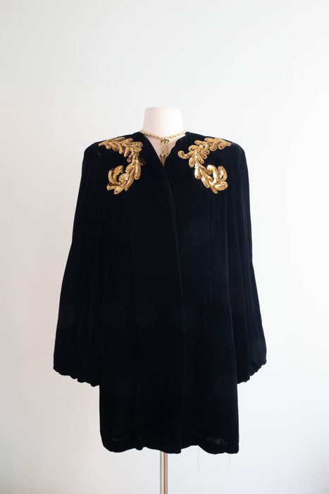 Stunning 1940's Schiaparelli Inspired Velvet Opera Coat With Gold Sequins / Medium