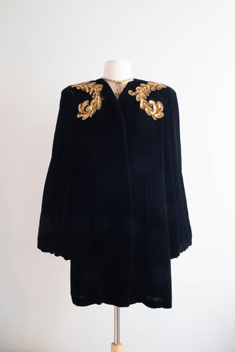 Stunning 1940's Schiaparelli Inspired Velvet Opera Coat With Gold Sequins / Medium