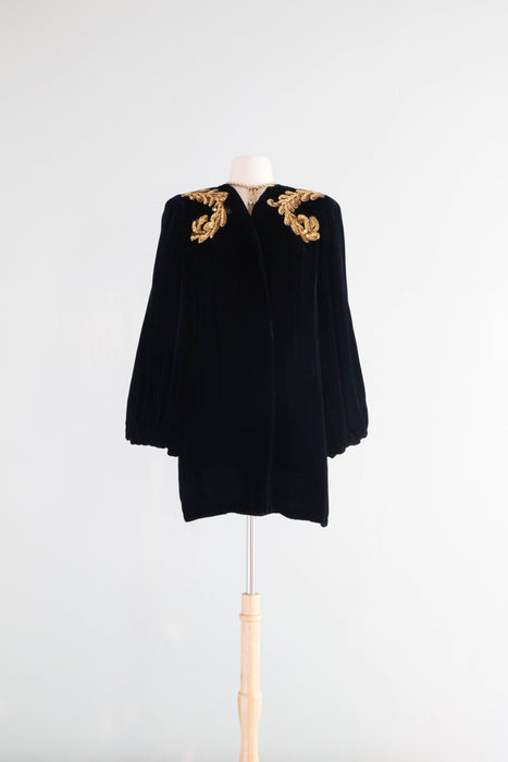 Stunning 1940's Schiaparelli Inspired Velvet Opera Coat With Gold Sequins / Medium