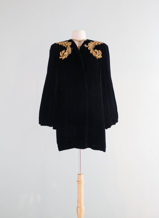 Stunning 1940's Schiaparelli Inspired Velvet Opera Coat With Gold Sequins / Medium