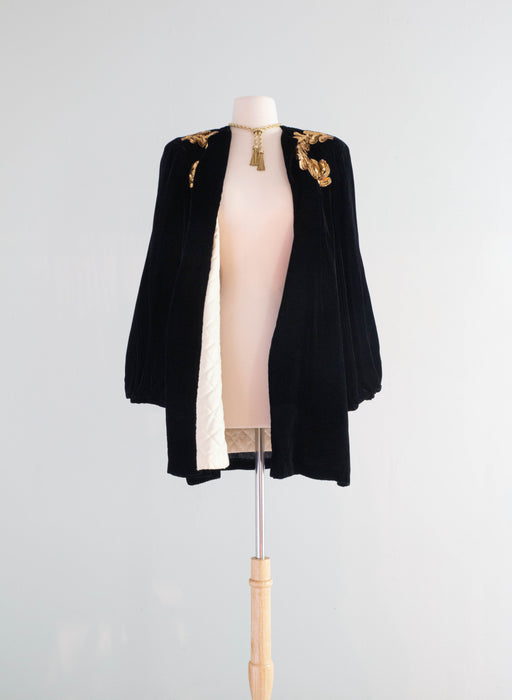 Stunning 1940's Schiaparelli Inspired Velvet Opera Coat With Gold Sequins / Medium