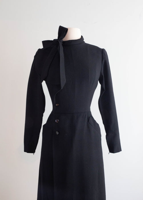 Chic 1970's Nina Ricci Jet Black Wool Crepe 1940's Style Dress / Small