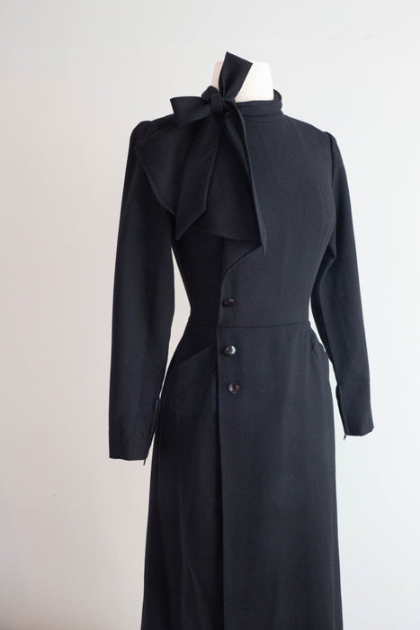 Chic 1970's Nina Ricci Jet Black Wool Crepe 1940's Style Dress / Small