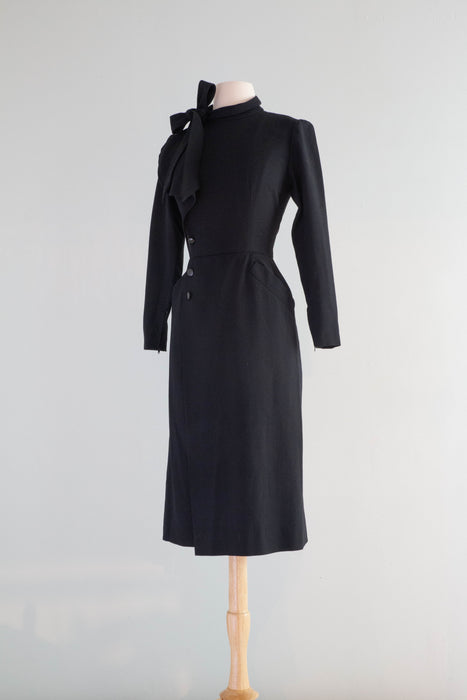 Chic 1970's Nina Ricci Jet Black Wool Crepe 1940's Style Dress / Small