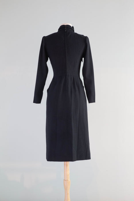 Chic 1970's Nina Ricci Jet Black Wool Crepe 1940's Style Dress / Small