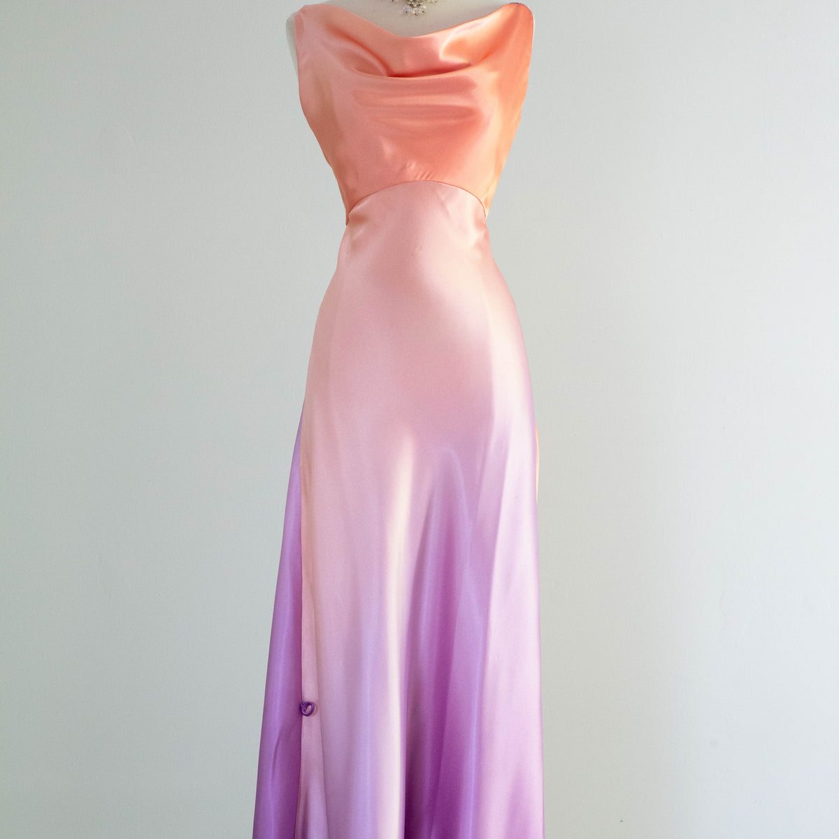 bias cut dress vintage Stunning Liquid Satin Gown In Wild Orchid and Senuous Peach / – Xtabay Modern Home neckline and flutter sleeves Size:L | Java After Five Attire For
