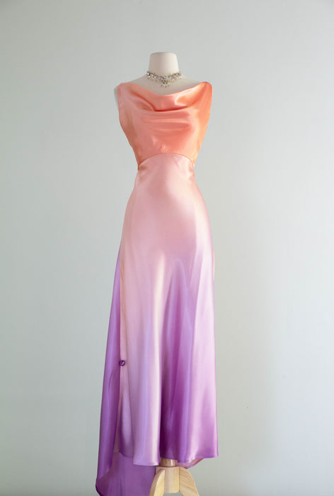 Stunning Liquid Satin Bias Cut Gown In Wild Orchid and Senuous Peach / Xtabay Vintage Stunning Liquid Satin Bias Cut Gown In Wild Orchid and Senuous Peach / Xtabay Vintage