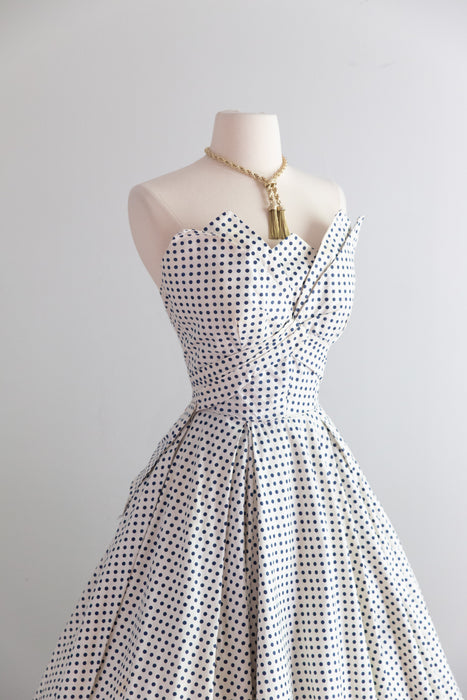 Glamorous & Iconic 1950's Strapless Polka Dot Party Dress By Fred Perlberg / XS
