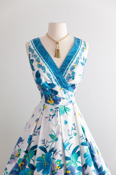 Fabulous 1960's Polished Cotton Tropical Border Print Dress By Kamehameha / M