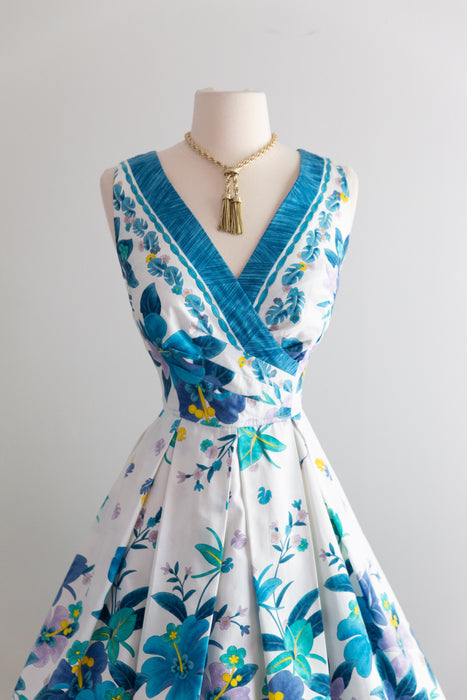 Fabulous 1960's Polished Cotton Tropical Border Print Dress By Kamehameha / M
