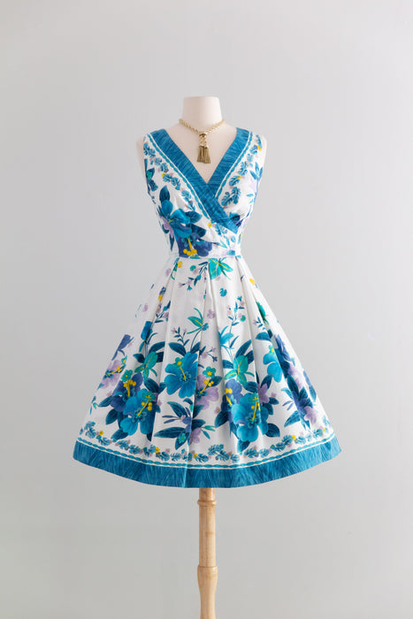 Fabulous 1960's Polished Cotton Tropical Border Print Dress By Kamehameha / M
