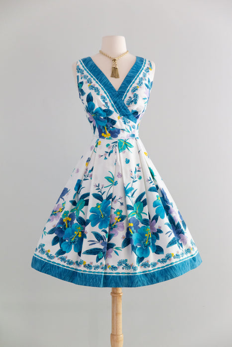 Fabulous 1960's Polished Cotton Tropical Border Print Dress By Kamehameha / M