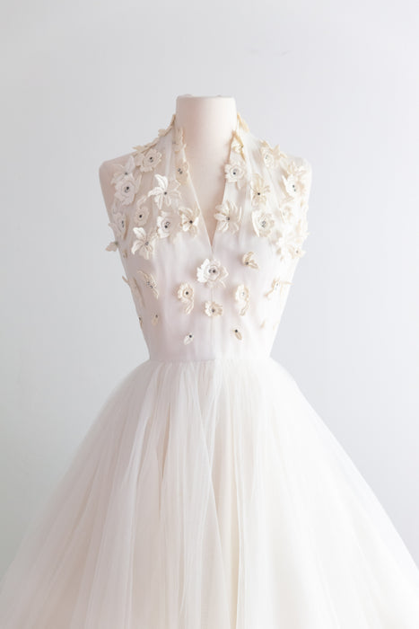 Ethereal 1950's Ivory Tulle Halter Dress With Lace Appliqués / XS