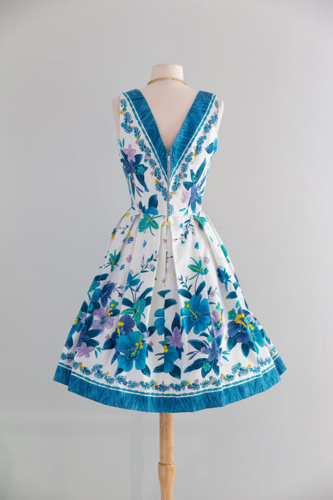 Fabulous 1960's Polished Cotton Tropical Border Print Dress By Kamehameha / M