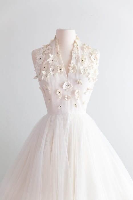 Ethereal 1950's Ivory Tulle Halter Dress With Lace Appliqués / XS