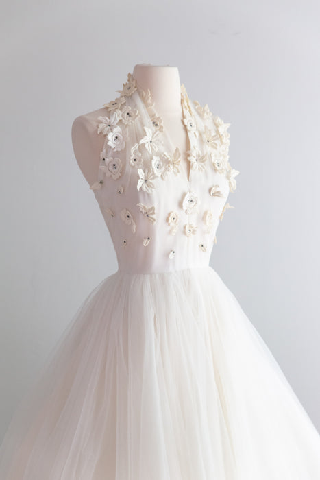 Ethereal 1950's Ivory Tulle Halter Dress With Lace Appliqués / XS