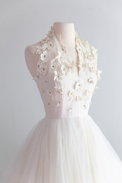 Ethereal 1950's Ivory Tulle Halter Dress With Lace Appliqués / XS