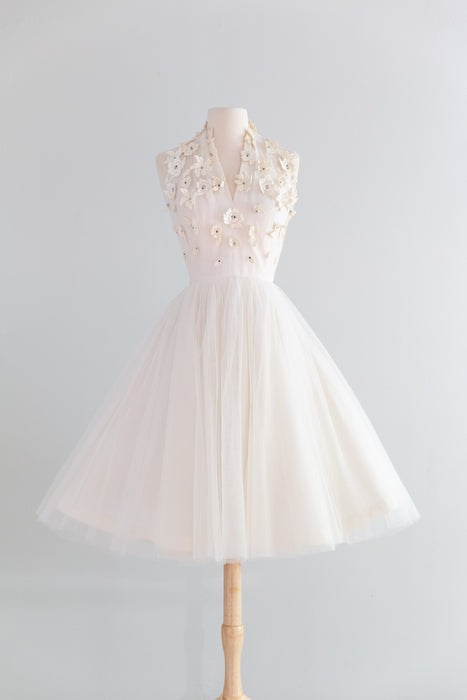 knee length dresses for ladies Ethereal 1950's Ivory Tulle Halter Dress With Lace Appliqués / XS – Xtabay  Vintage