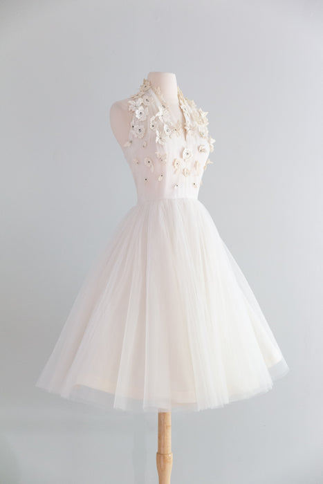 Ethereal 1950's Ivory Tulle Halter Dress With Lace Appliqués / XS