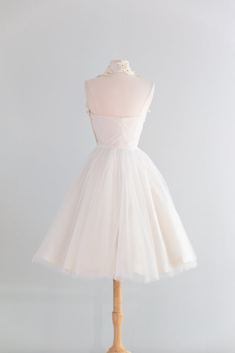 Ethereal 1950's Ivory Tulle Halter Dress With Lace Appliqués / XS