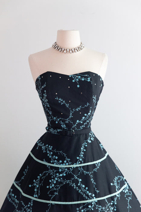 Gorgeous 1950's Strapless Black Cotton Summer Party Dress / M