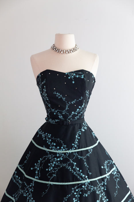 Gorgeous 1950's Strapless Black Cotton Summer Party Dress / M