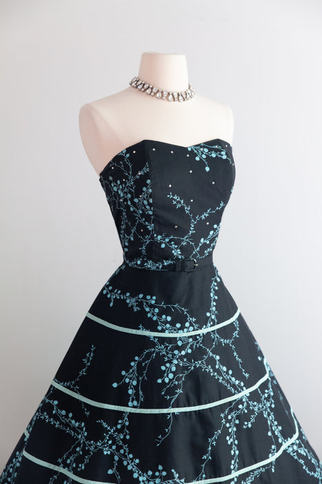 Gorgeous 1950's Strapless Black Cotton Summer Party Dress / M