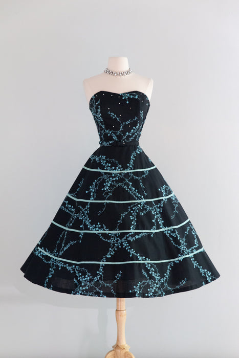 Gorgeous 1950's Strapless Black Cotton Summer Party Dress / M