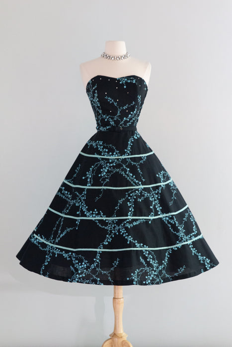 Gorgeous 1950's Strapless Black Cotton Summer Party Dress / M