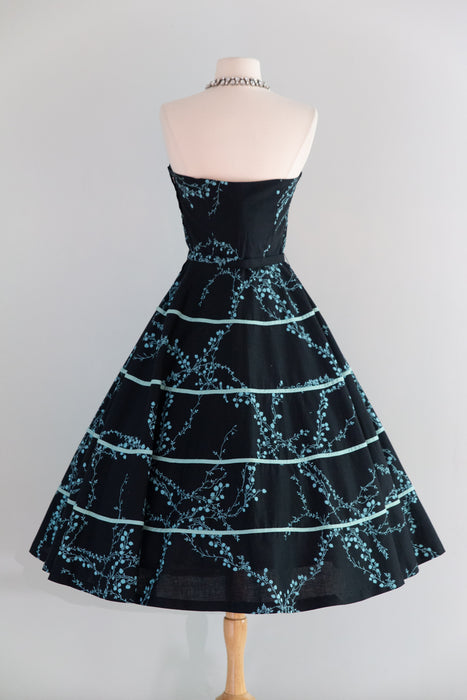 Gorgeous 1950's Strapless Black Cotton Summer Party Dress / M